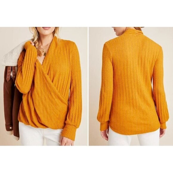 Anthropologie Maeve Top Womens 1X Mustard Yellow Rafela Hacci Surplice Stretchy - Picture 1 of 9